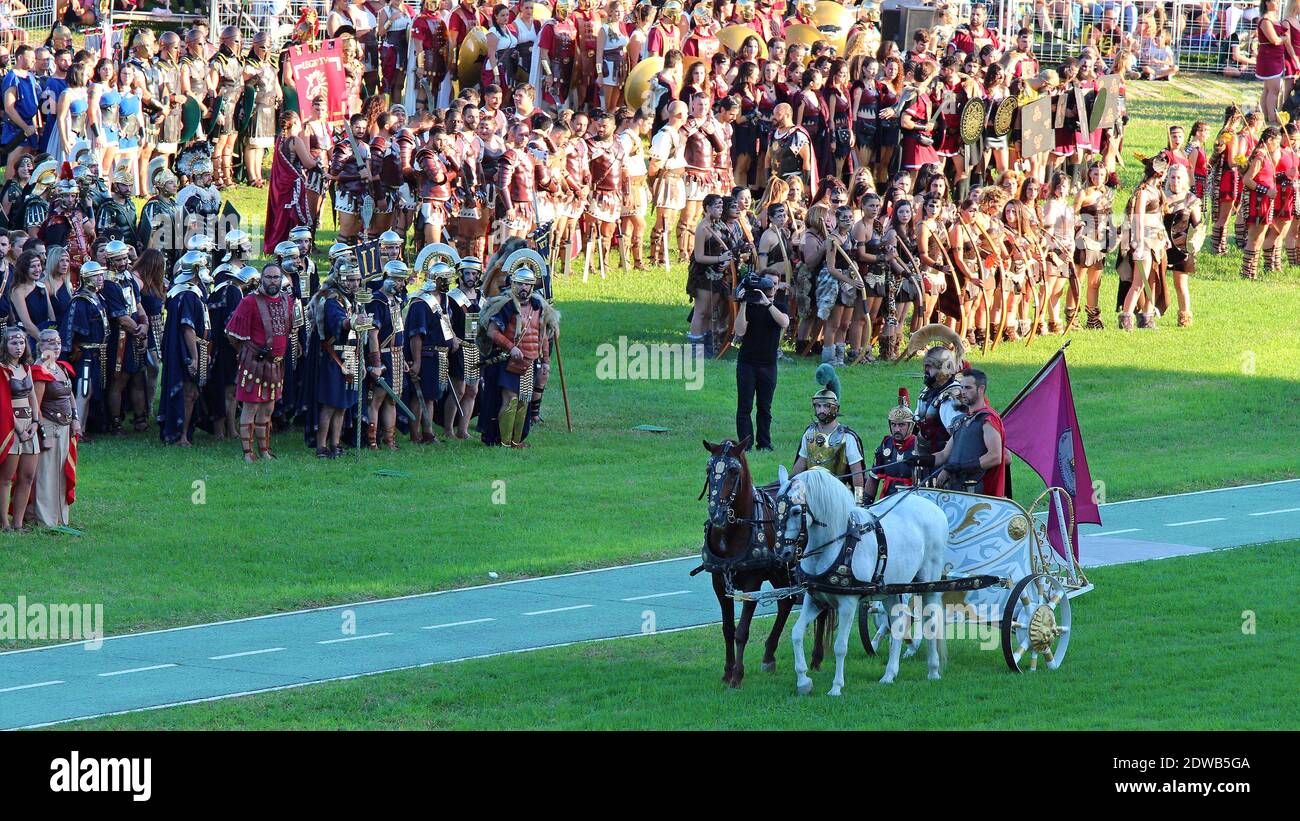 Annual festival in Cartagena, Spain is the Cartaginians and Romans. The Roman general inspects his combined forces from a chariot pulled by two horses Stock Photo
