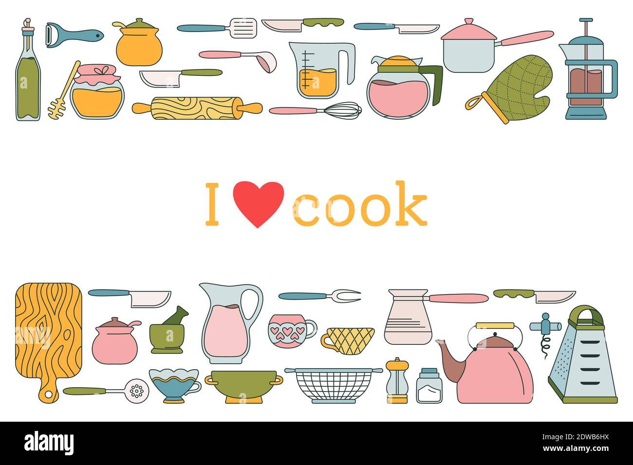 https://c8.alamy.com/comp/2DWB6HX/kitchen-tool-line-cartoon-illustration-modern-cooking-flat-bakingdishes-equipments-dishes-cup-tack-teapot-grater-pan-vector-kitchen-utensils-objects-food-preparation-i-love-cook-2DWB6HX.jpg