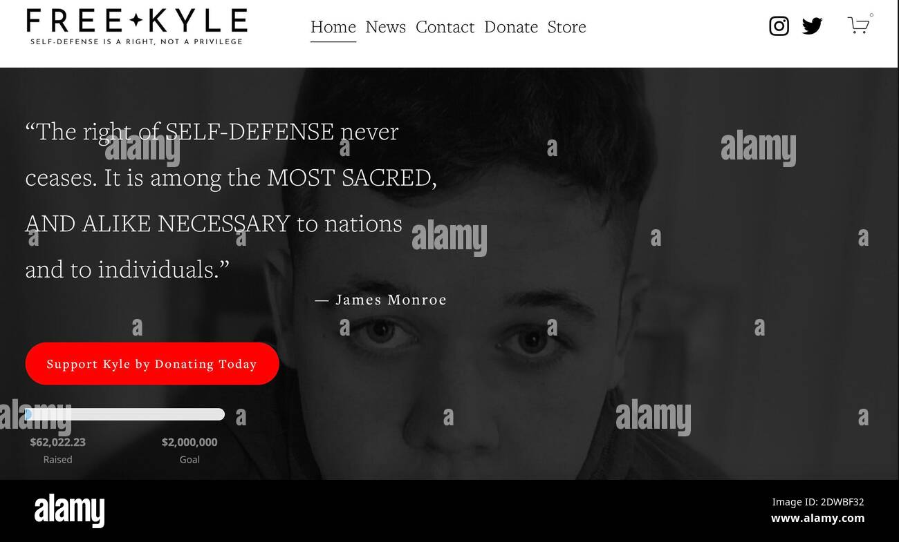 Racine, Wisconsin, USA. 22nd Dec, 2020. A new website, shown December 22, 2020, offers Ã¢â‚¬Å“Free KyleÃ¢â‚¬Â merchandise, ostensibly to help defray the legal expenses of Kyle Rittenhouse. Rittenhouse, 17, has been charged with killing two people and wounding a third in August during protests in Kenosha, Wisconsin following the police shooting of Jacob Blake. One web host for the site has reportedly shut it down and canceled orders, sending the website to another host. (Credit Image: © Mark HertzbergZUMA Wire) Stock Photo