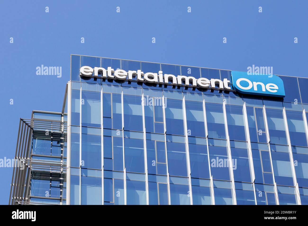 Entertainment One sign on top of their headquarters building in Toronto, Canada. Stock Photo