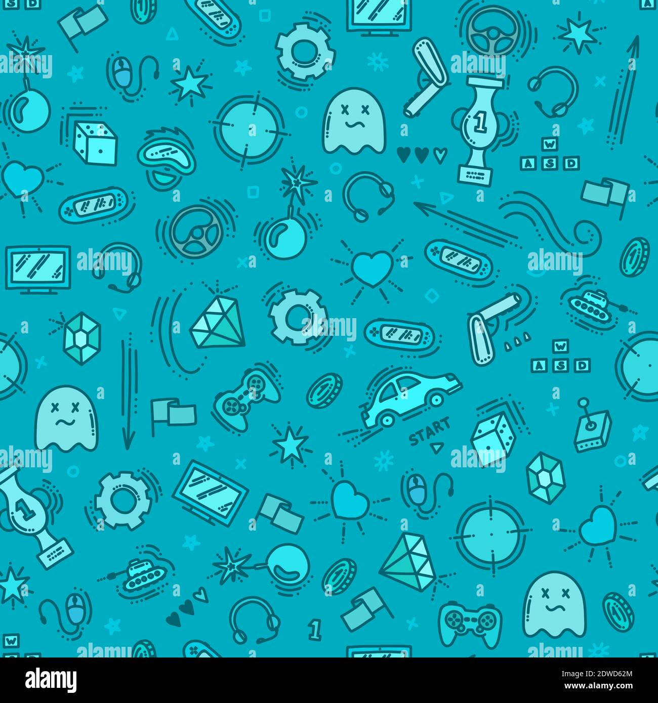 Seamless pattern of gaming objects. Virtual reality, computers, game genres and related stuff. Vector illustration in doodle style. Vector Stock Vector