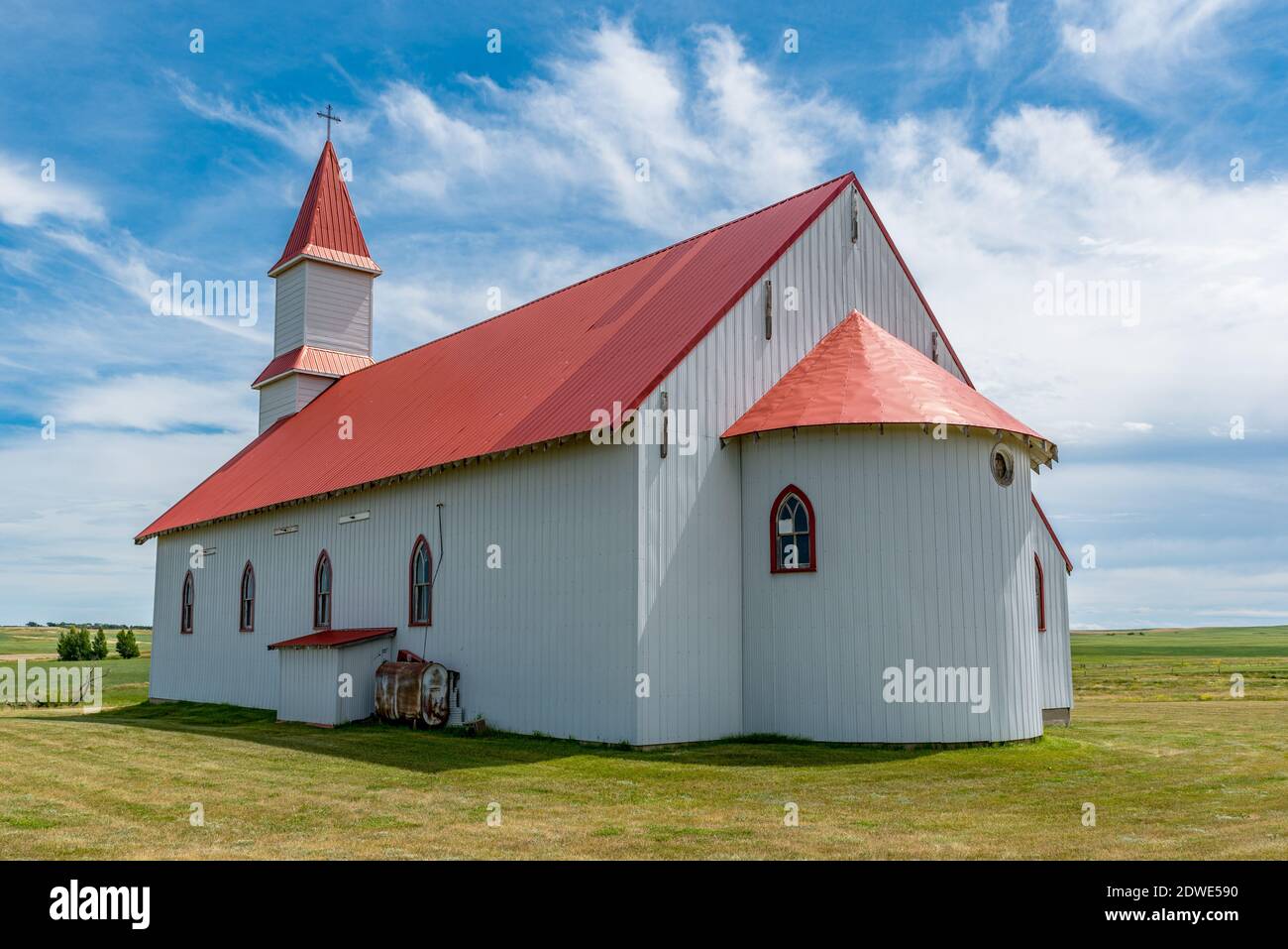 View from the back of the historic St. Martin’s Roman Catholic Church in Billimun, Saskatchewan, Canada Stock Photo