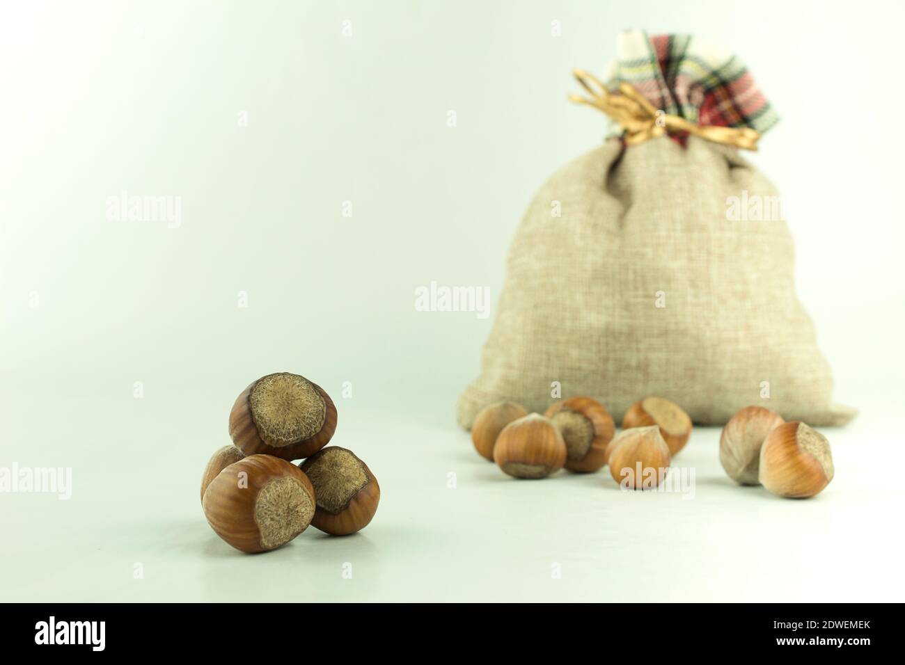 Hazelnut on a white background with space for text. Free space for text. Soft focus. Stylish food background with nuts Stock Photo