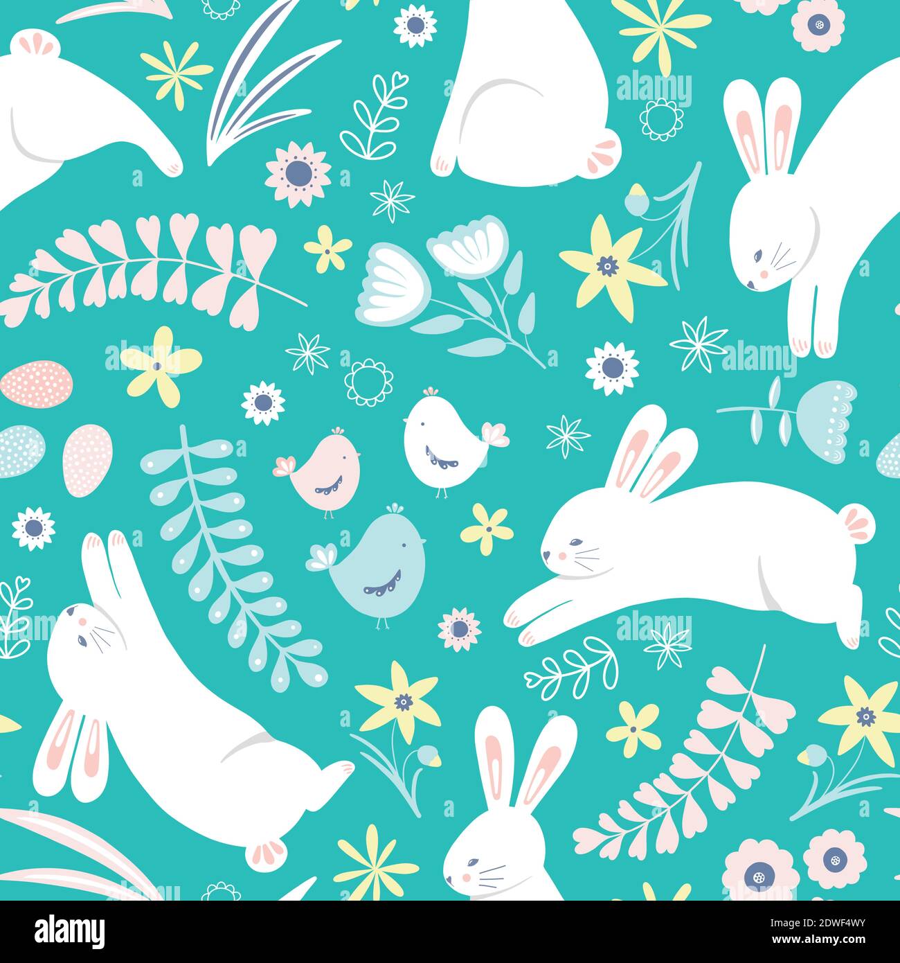 Easter pattern with rabbits and flowers, cute vector Holiday background