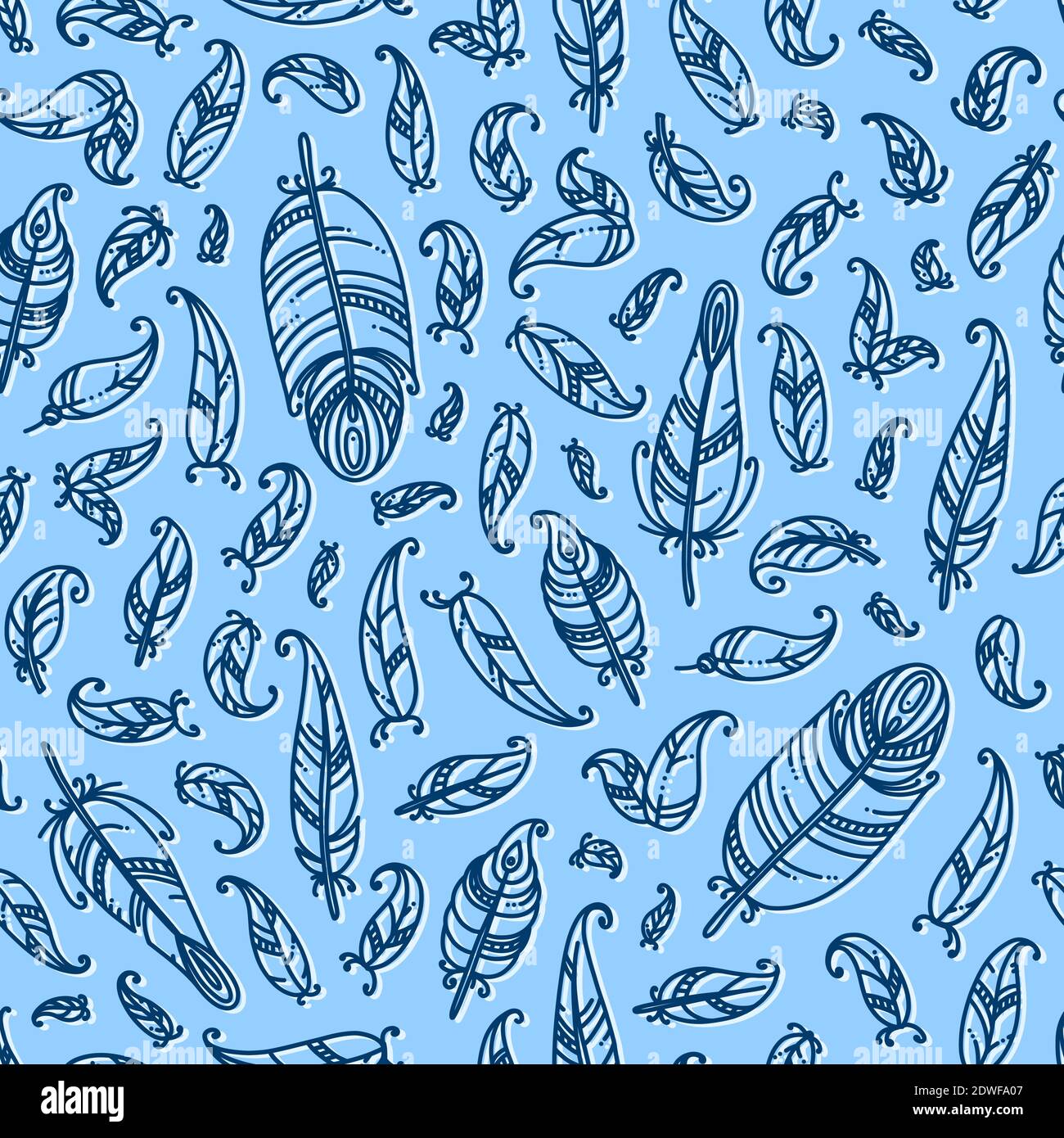 Feathers in seamless pattern. Doodle style feathers in blue background ...