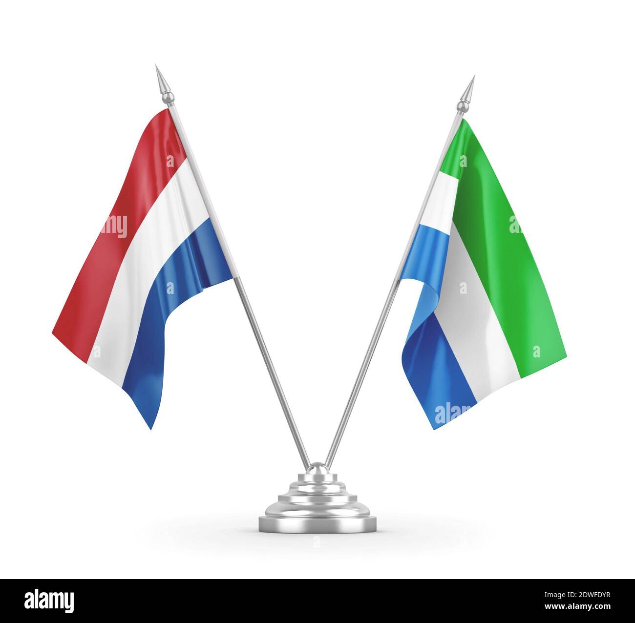 Sierra Leone and Netherlands table flags isolated on white 3D rendering Stock Photo