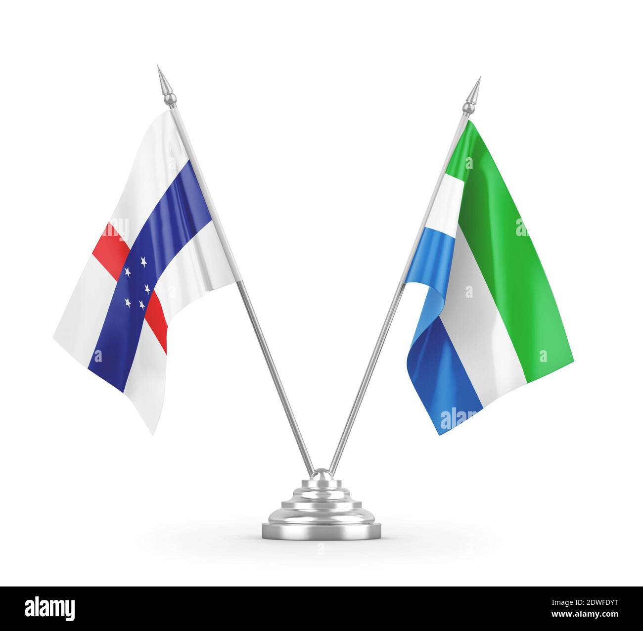 Sierra Leone and Netherlands Antilles table flags isolated on white 3D rendering Stock Photo