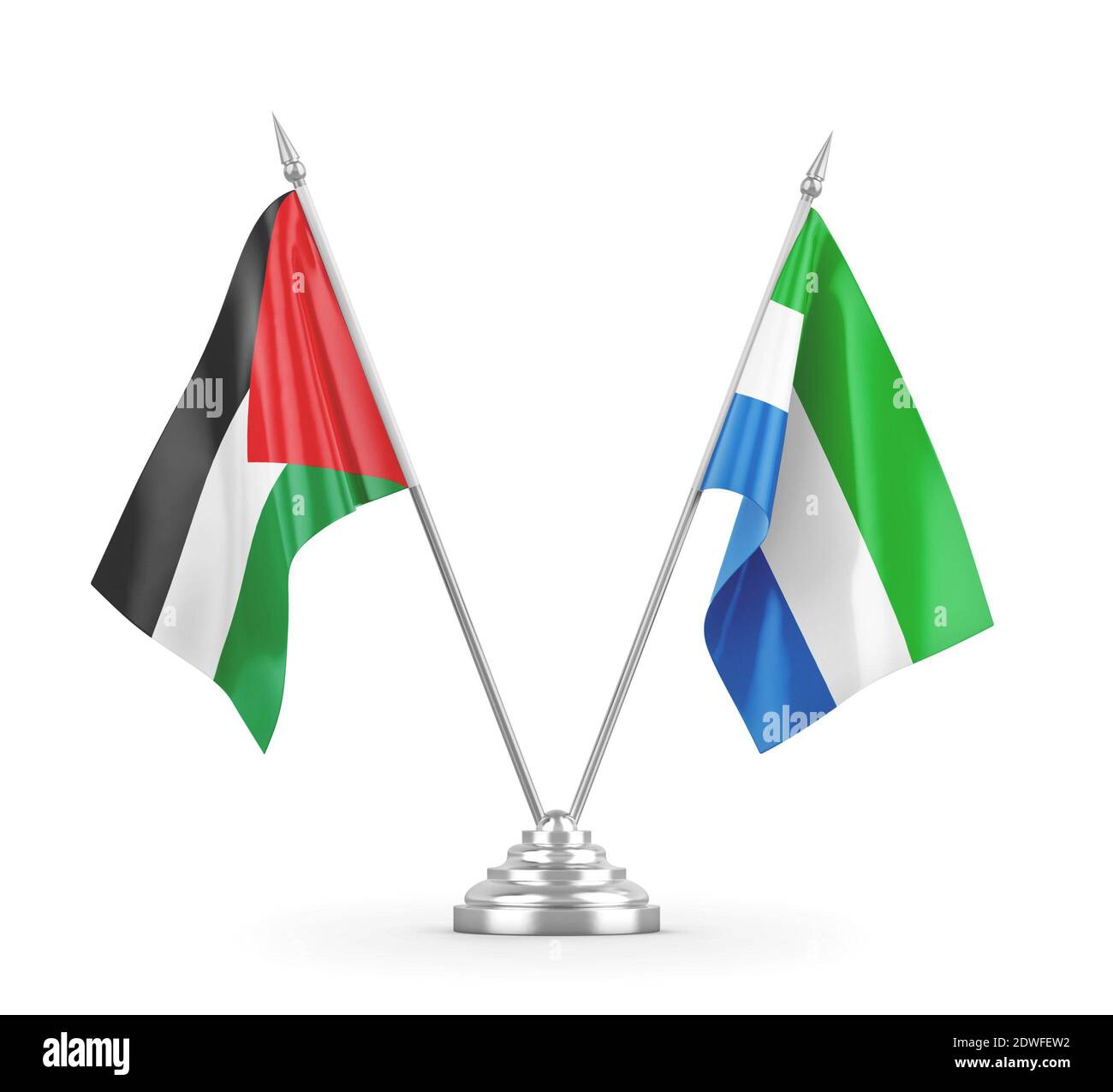 Sierra Leone and Palestine table flags isolated on white 3D rendering ...