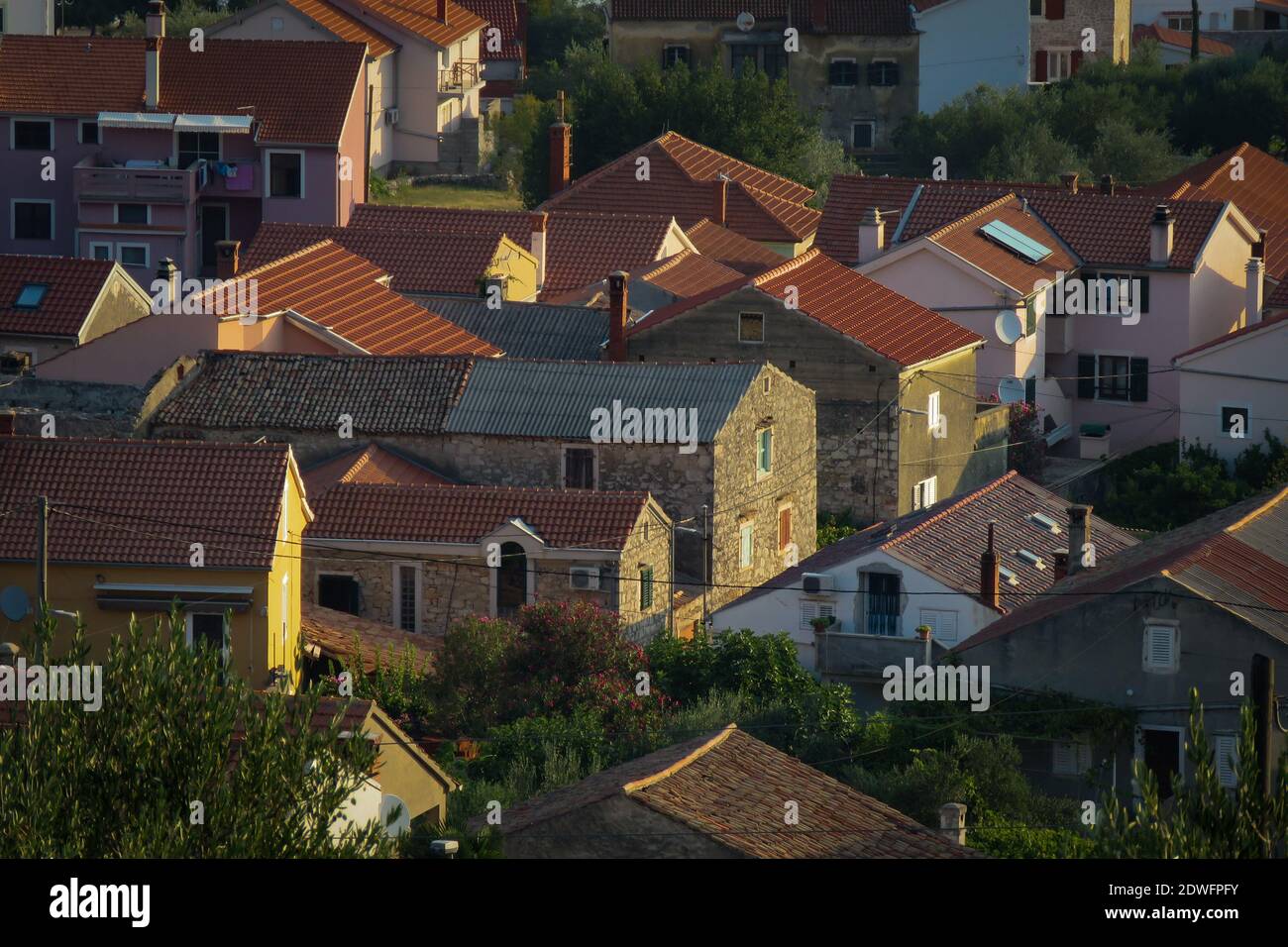 High Angle View Of Houses And Buildings In City Stock Photo
