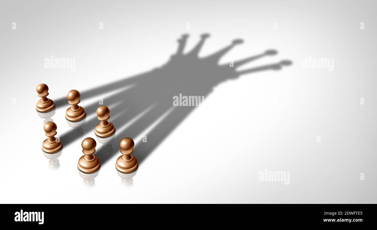 Leadership from teamwork and business team leader concept and group concept as organized company of chess pawn pieces joining forces and working. Stock Photo
