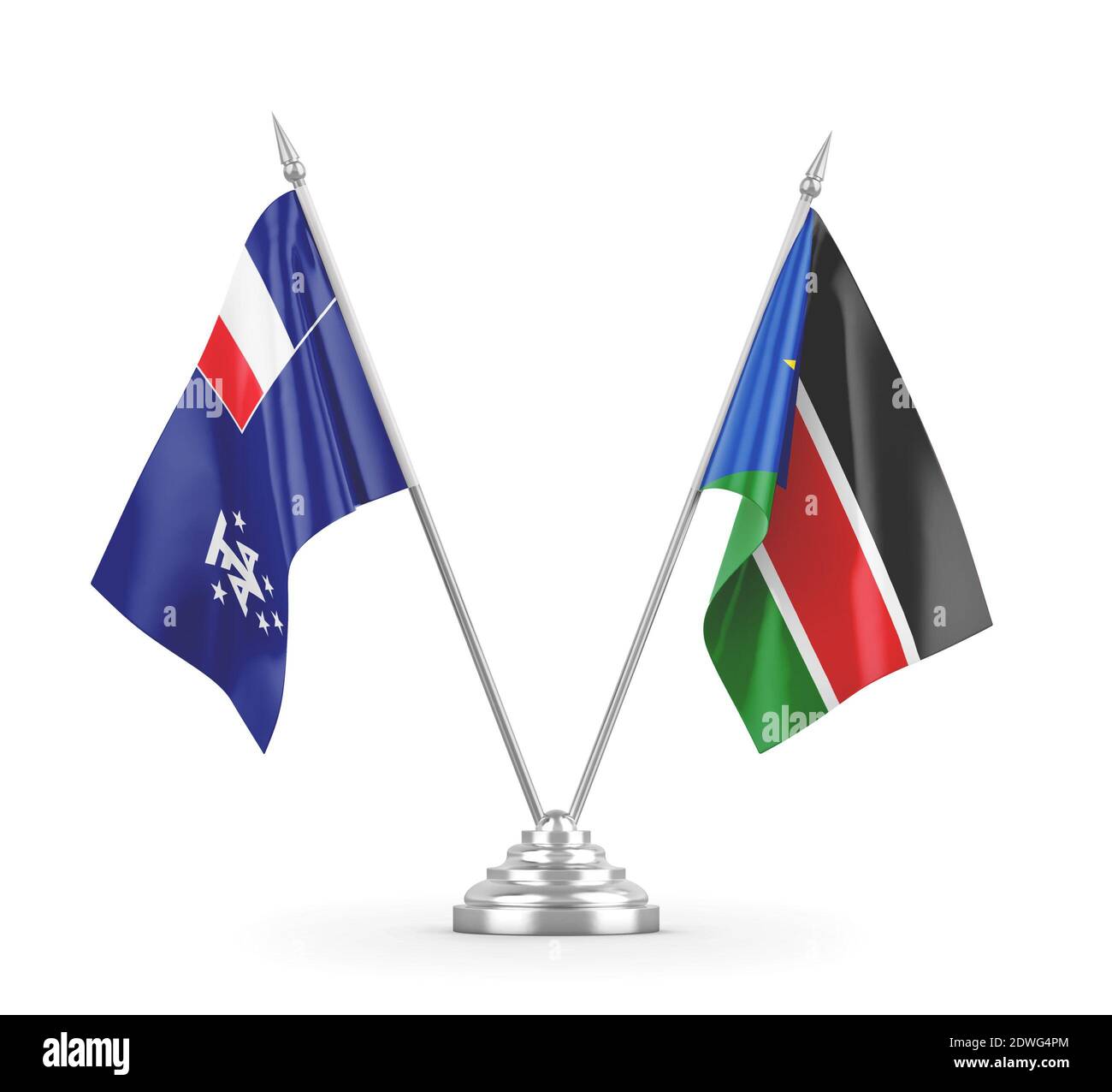 South Sudan and French Southern and Antarctic Lands table flags isolated Stock Photo