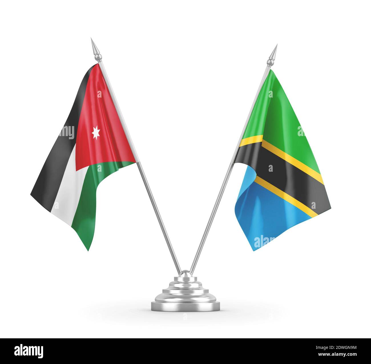 Tanzania and Jordan table flags isolated on white 3D rendering Stock Photo