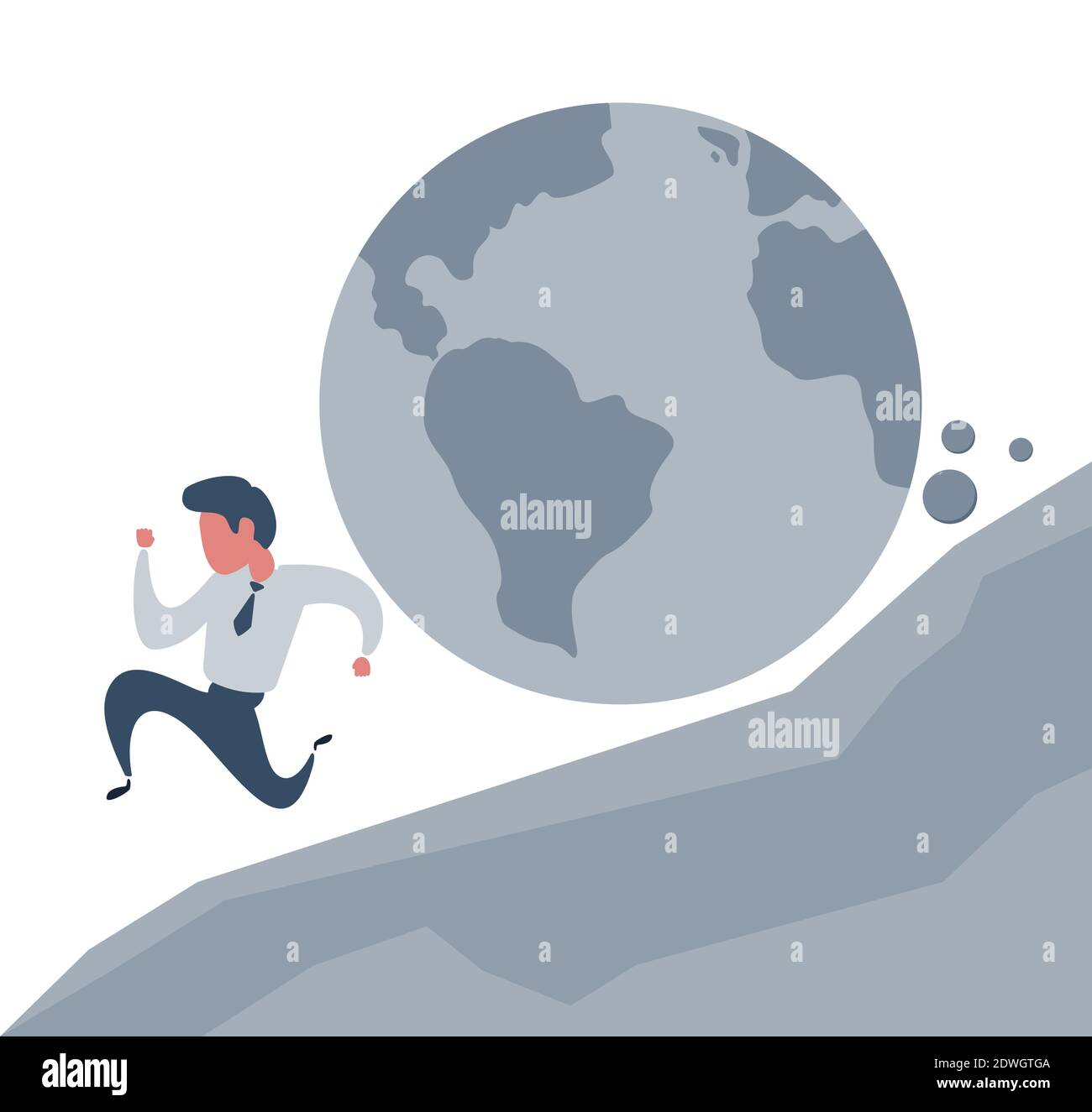 Businessman running away from planet earth that is rolling down to him. Climate change concept Stock Vector