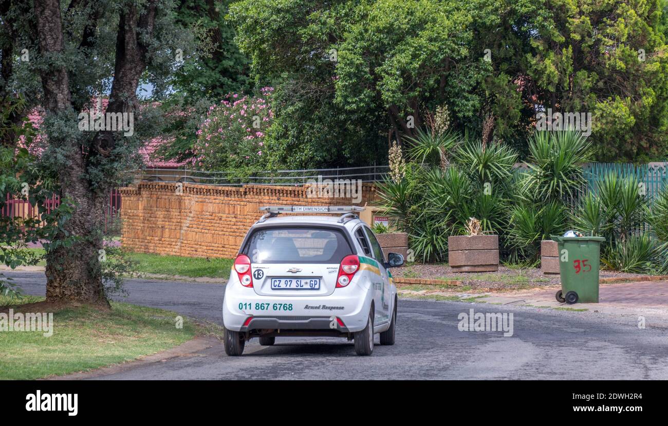 Johannesburg, South Africa - private security companies patrol residential streets to prevent crime Stock Photo