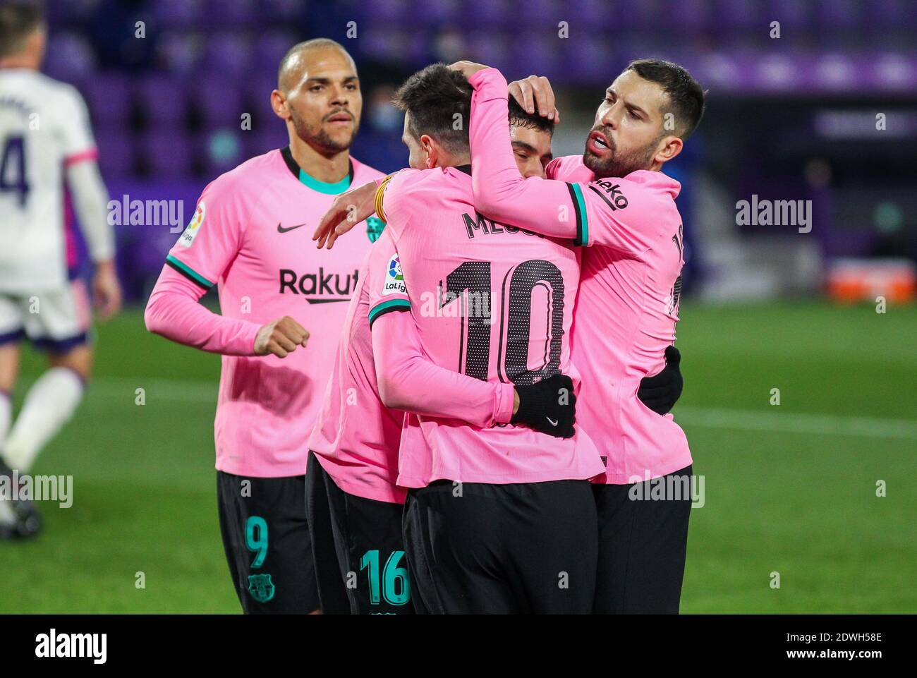 Lionel Messi of FC Barcelona celebrates a goal with Pedro Gonzalez Lopez &quot;Pedri&quot; and Jordi Alba of FC Barcelona of FC Barcelon / LM Stock Photo