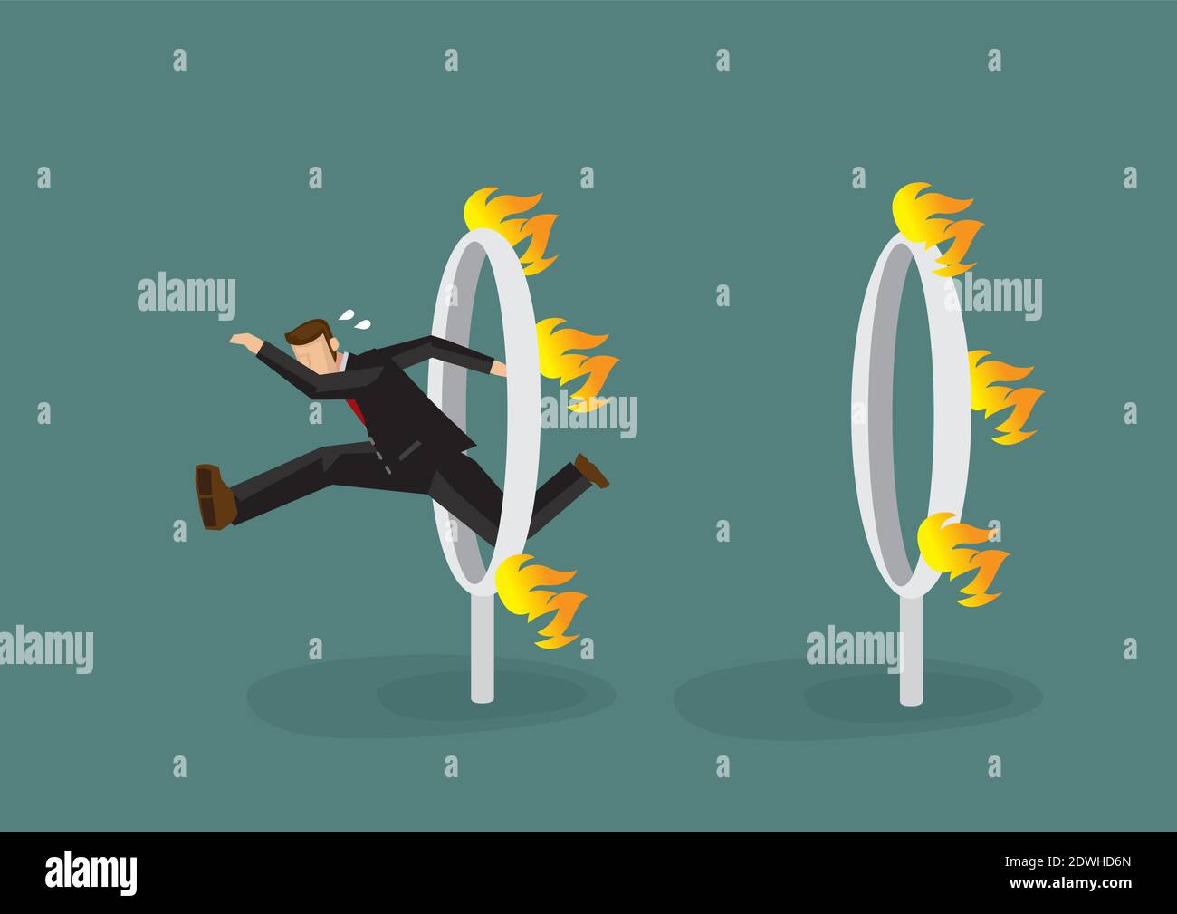 Businessman in black suit jumping over a series of fiery burning hoops. Concept of the danger or challenge he have to overcome to become successful. V Stock Vector