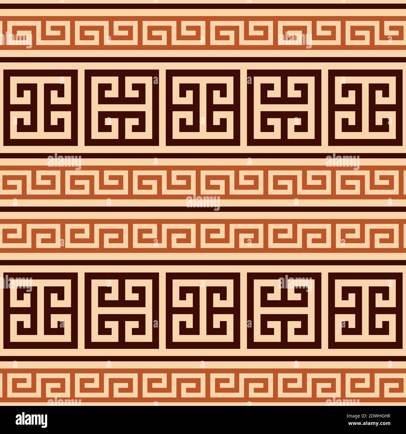 Greek key seamless vector geometric brown and yellow pattern inspired by ancient Greece pottery and ceramics art Stock Vector