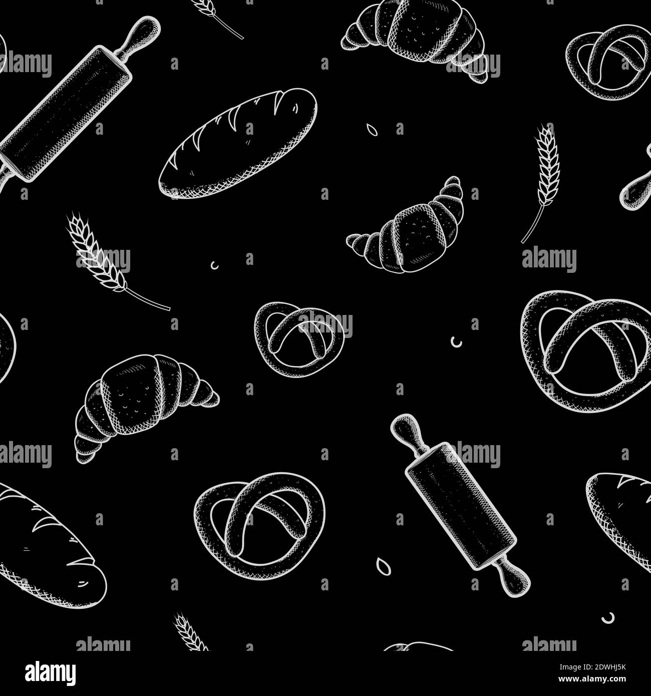 Hand drawn seamless pattern sketches on chalkboard of bread and bakery products. Baked goods background. Vector illustration. Stock Vector