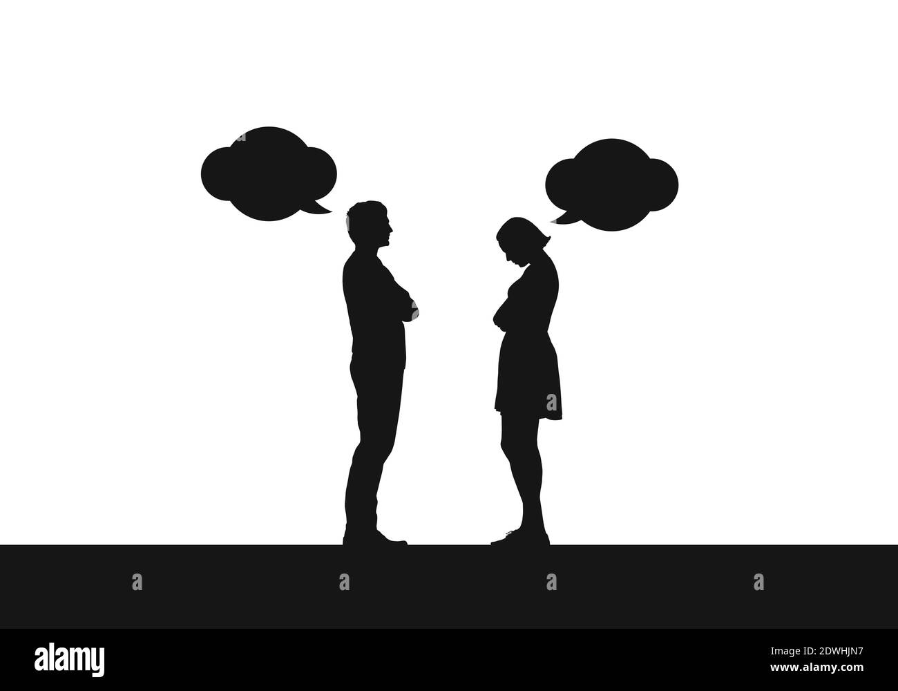 Silhouette of a young couple man and woman in a dispute or dialogue. Speech bubbles isolated on white background - vector Stock Vector
