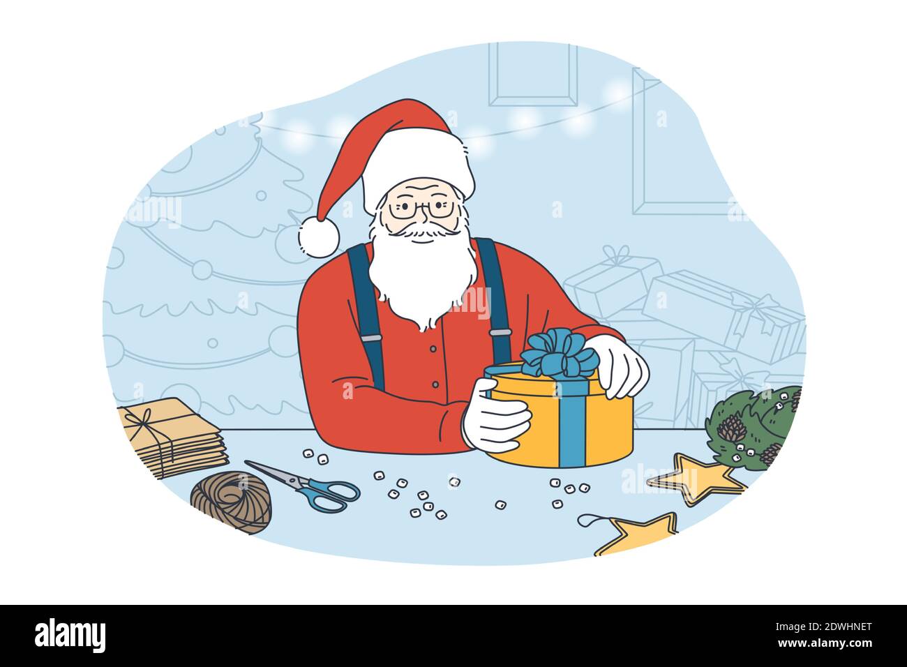 Santa Claus decorating Christmas presents concept. Old funny bearded Santa in traditional costume and hat sitting holding gift box preparing for Xmas Stock Vector