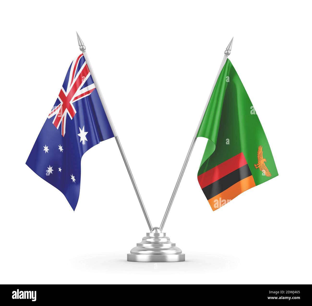Zambia and Australia table flags isolated on white 3D rendering Stock Photo