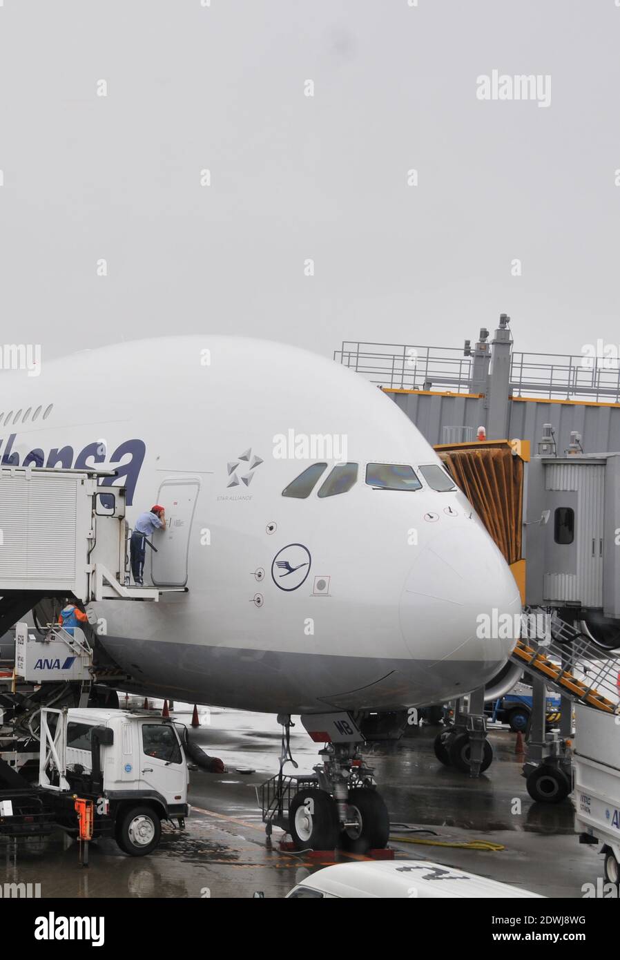 Airbus A 380 of Lufthansa airlines in Narita international airport, Tokyo, Japan Stock Photo