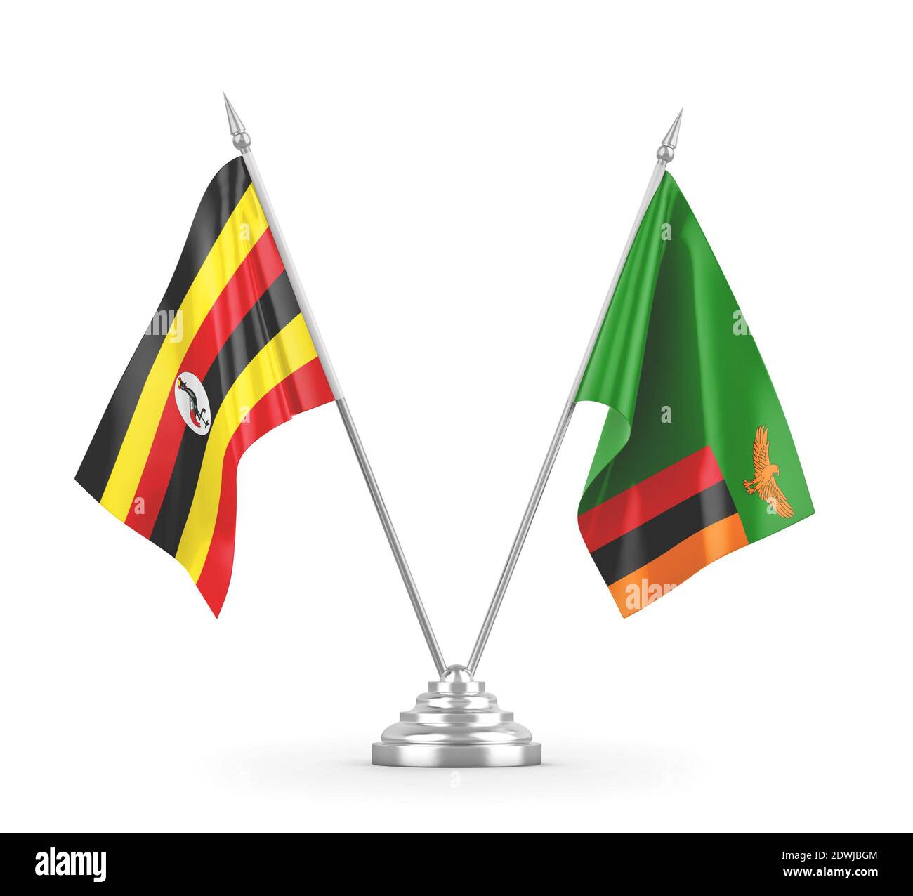 Zambia and Uganda table flags isolated on white 3D rendering Stock