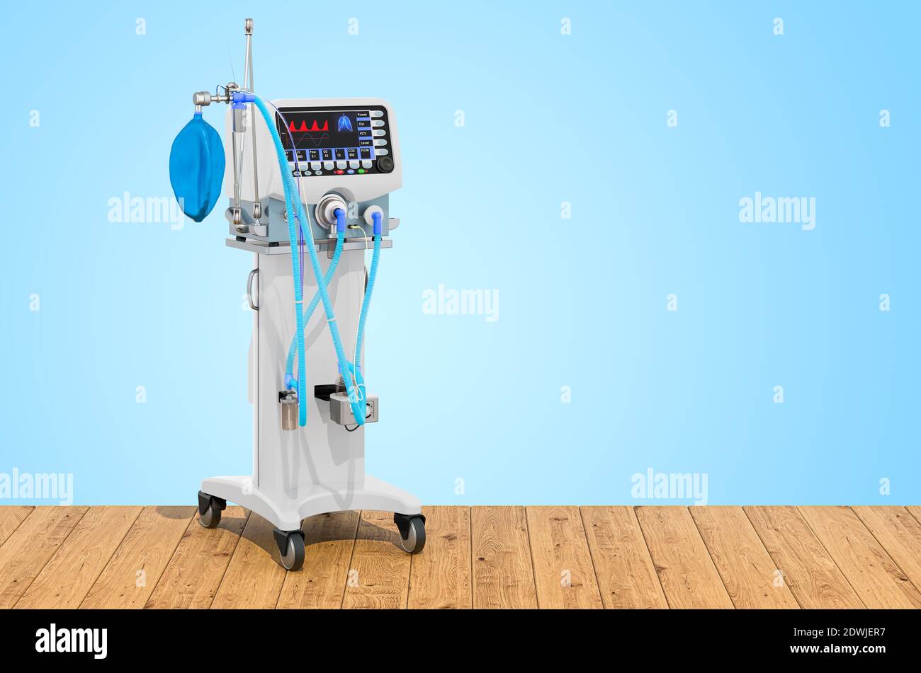 Medical ventilator on the wooden planks, 3D rendering Stock Photo