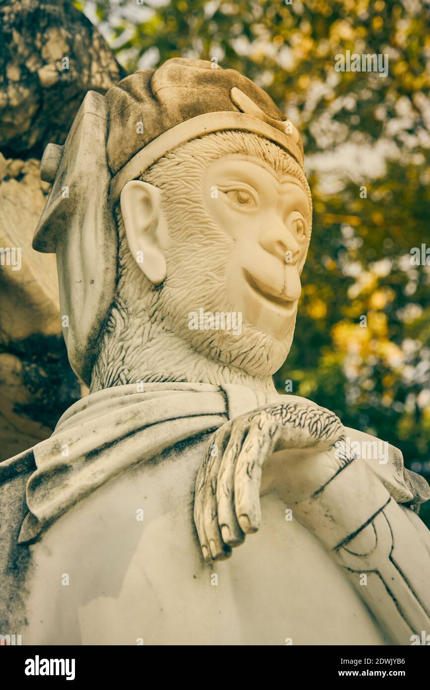 Phayao Thailand Nov 29 Portrait Zoom View Marble Sun Wukong Or Monkey King Statue On Stone With Forest Background In Vintage Tone Stock Photo Alamy