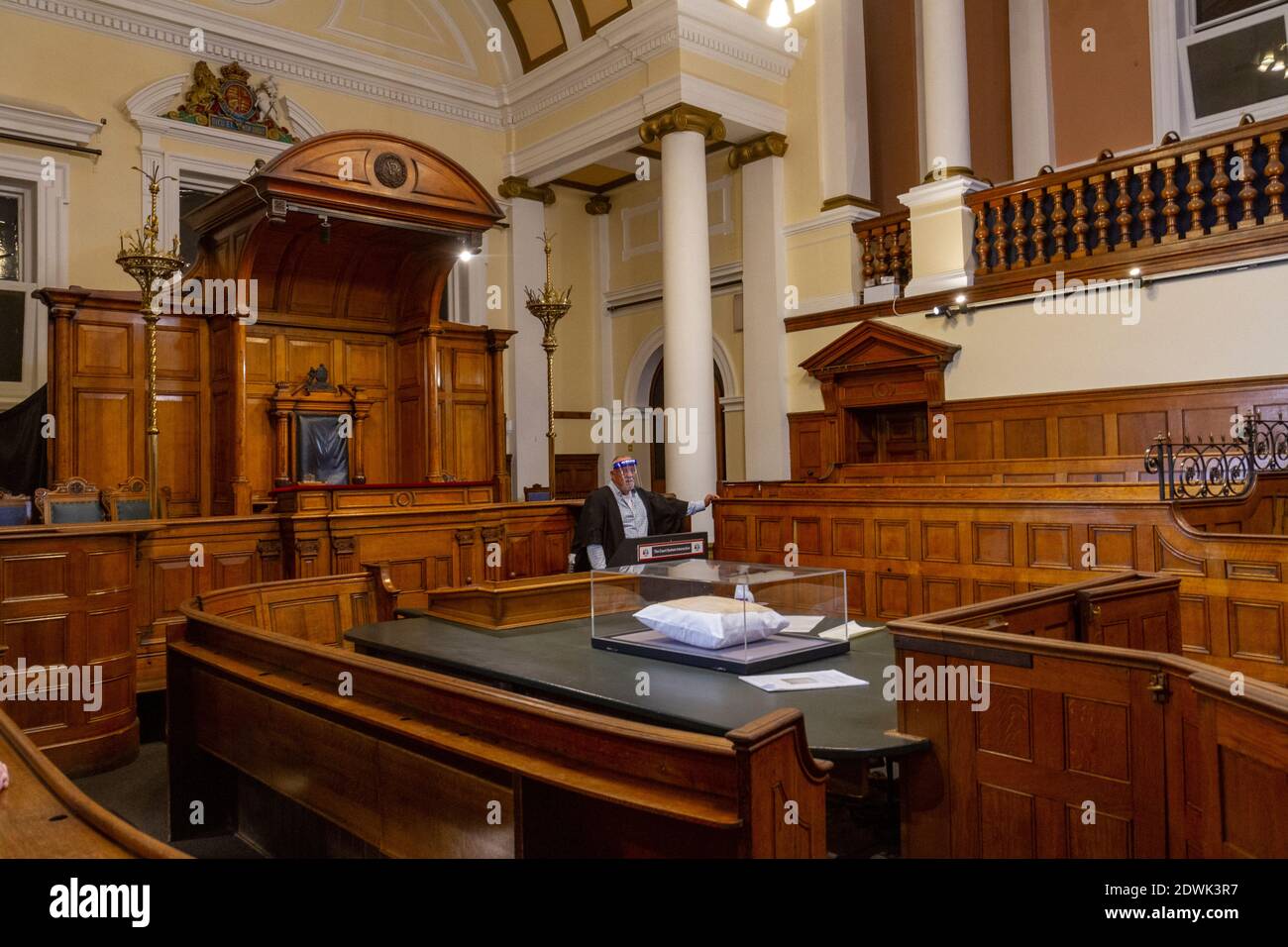 View towards jury box inside one of the preserved Victorian courtroom in National Justice Museum, Nottingham, Nottinghamshire, UK. Stock Photo