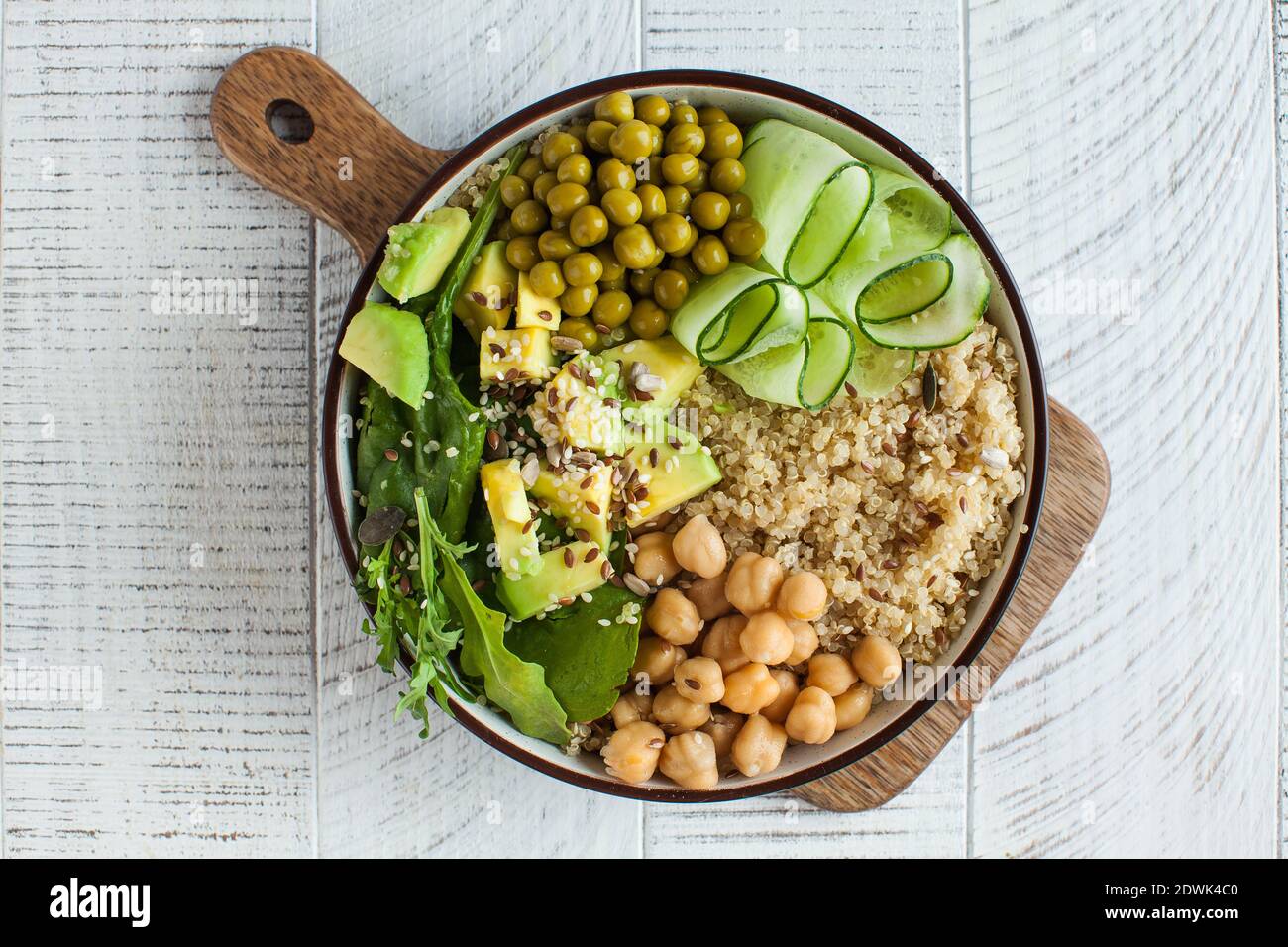 Healthy vegetable lunch from the Buddha bowl with quinoa, avocado