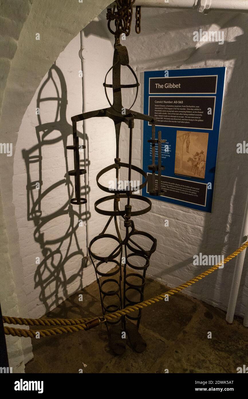 A gibbet, used for the public display of bodies executed criminals, National Justice Museum, Nottingham, Notts, UK. Stock Photo