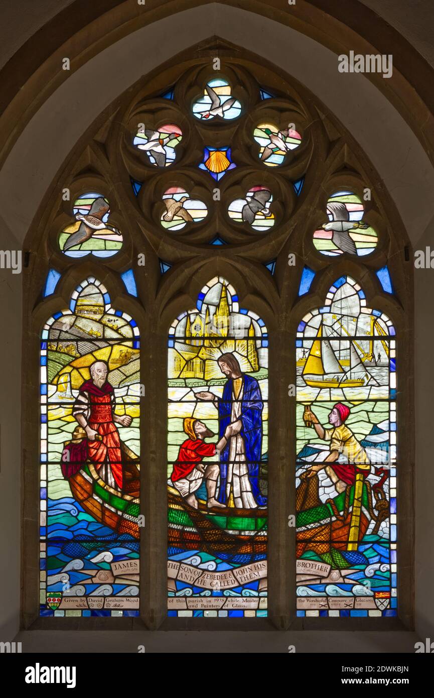 Saint James' Church at Birdham, Chichester Harbour, West Sussex, England. Stained Glass window Stock Photo