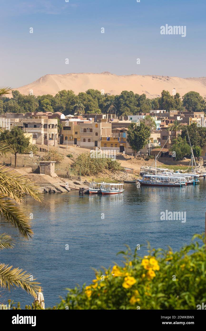 Egypt, Upper Egypt, Aswan, View of The River Nile and Nubian village on ...