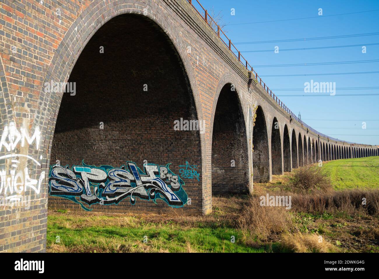 Fledborough Viaduct, River Trent, abandoned railway, viaduct, Graffiti bridge, former railway, Viaduct, part of the national cycle network, West side. Stock Photo