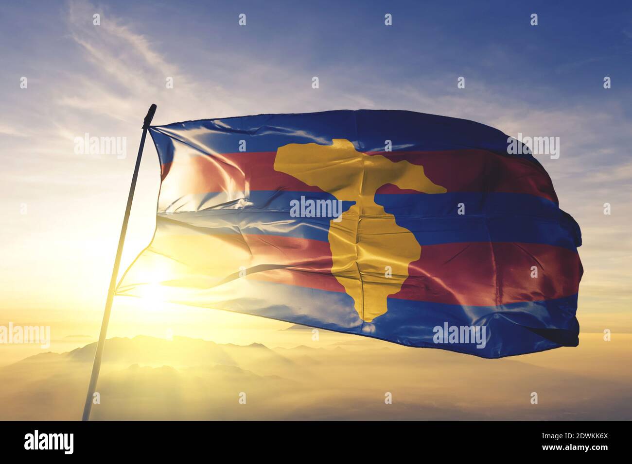 Hato Mayor province of Dominican Republic flag waving sunrise mist