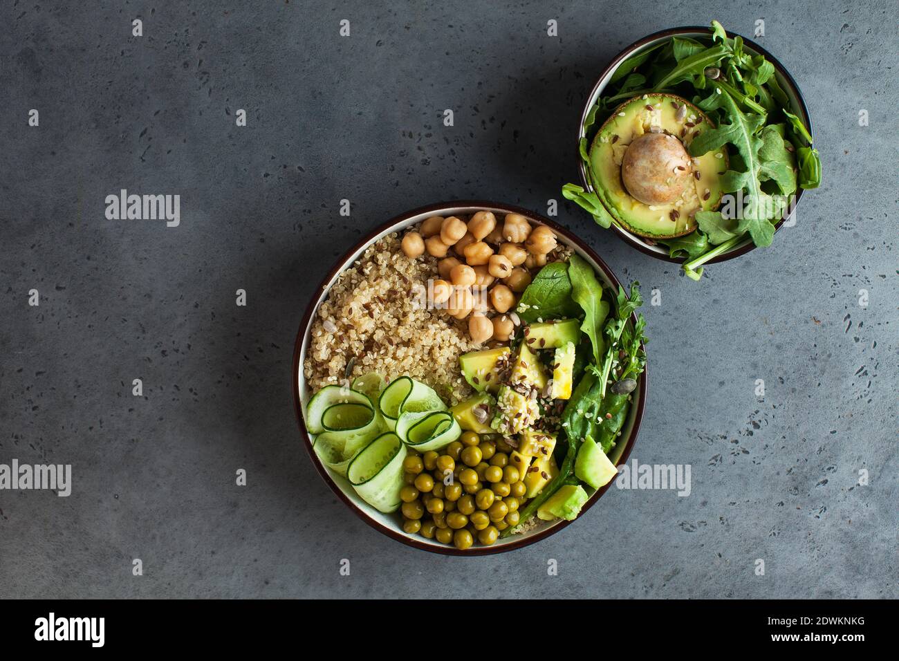 Healthy vegetable lunch from the Buddha bowl with quinoa, avocado