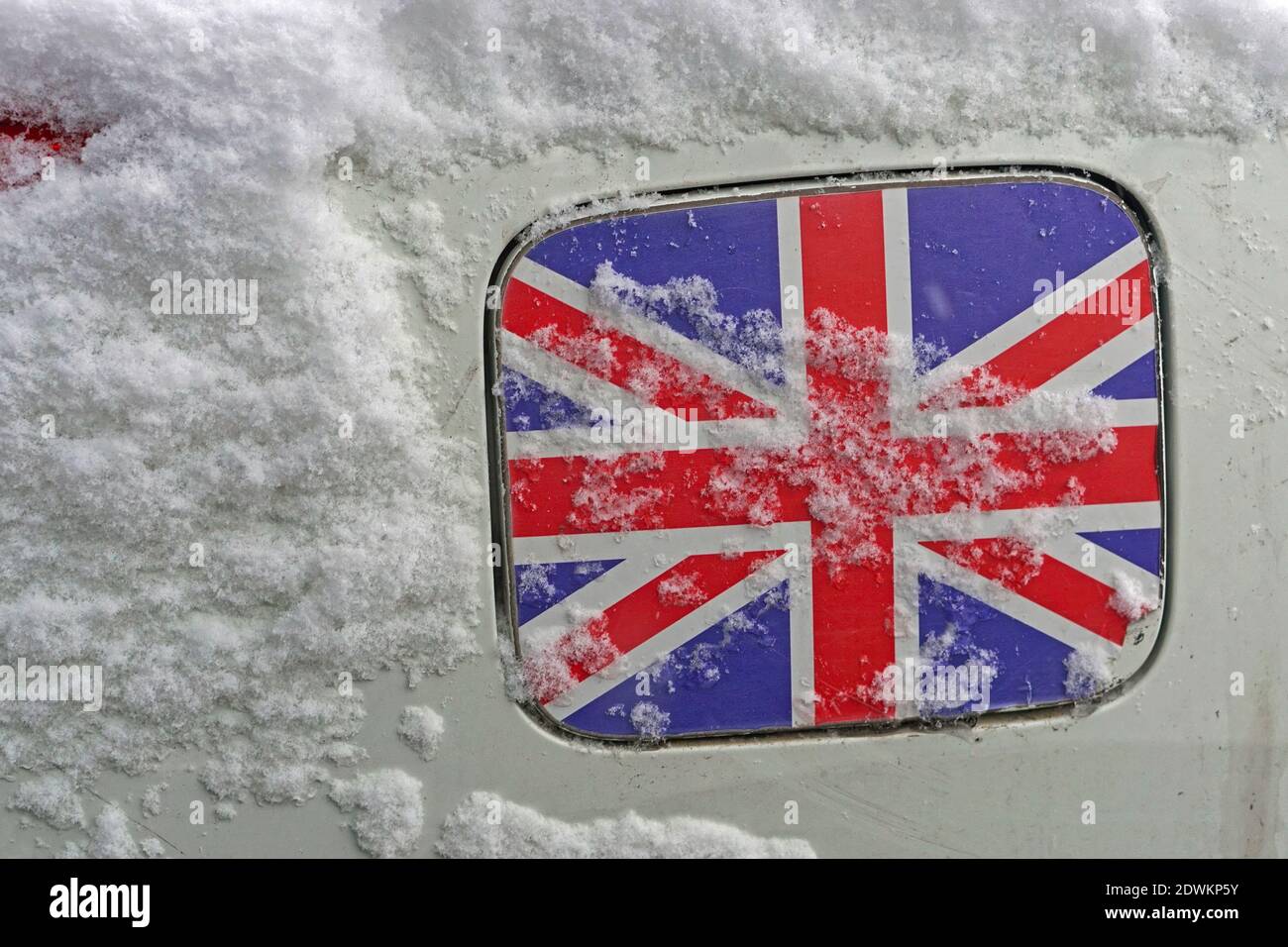 Fuel cap cover with British flag under snow Stock Photo