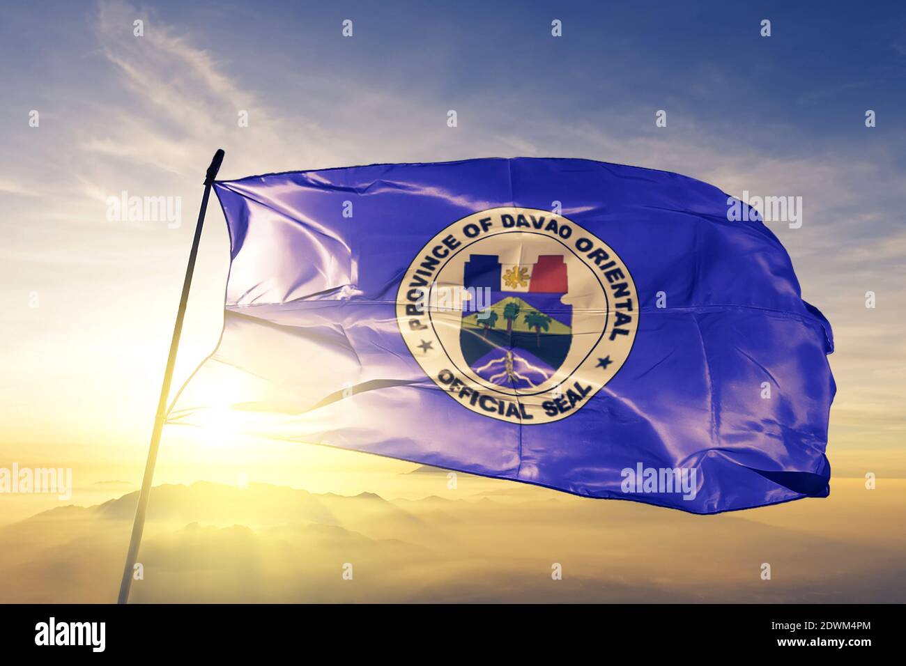 Davao Oriental province of Philippines flag waving on the top sunrise