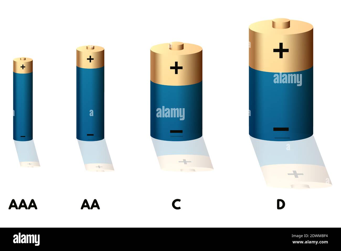 Blue battery set vector illustration. AAA, AA, D and D size. Stock Vector