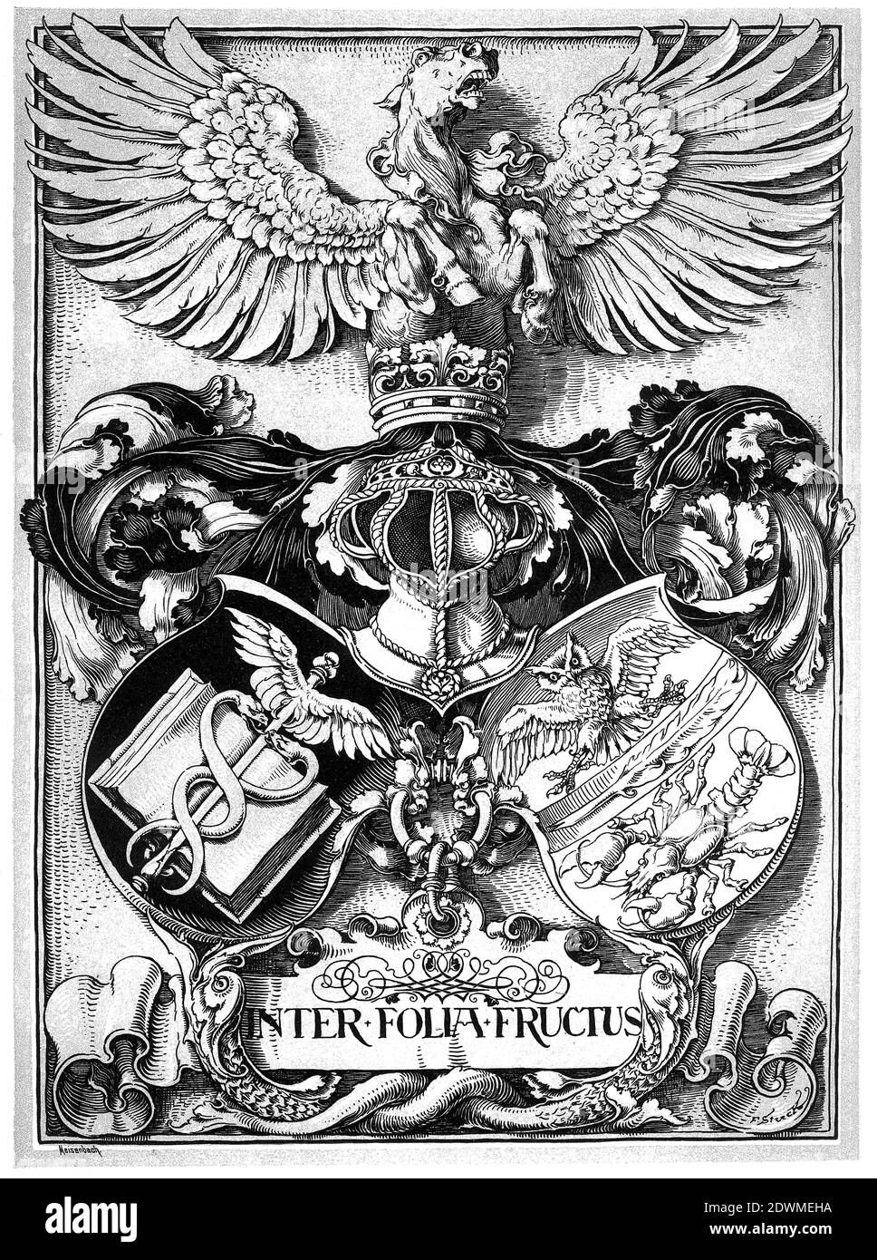 Coat of arms of the booksellers, Wappen der Buchhändler, Inter Folia Fructus Stock Photo