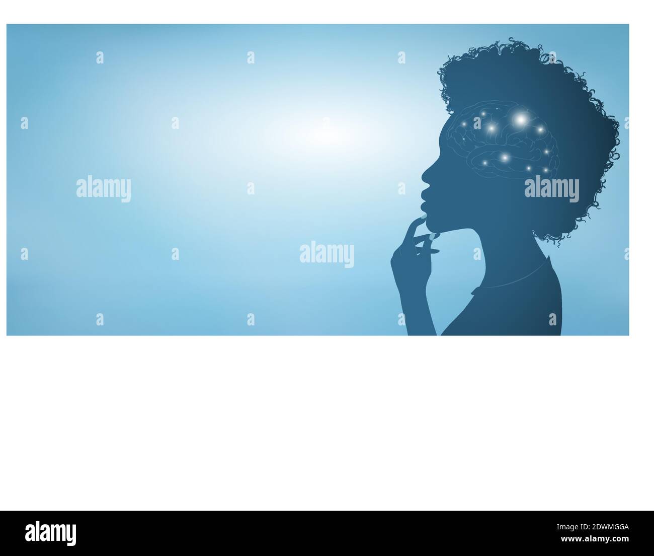 Thinking African American woman silhouette with glowing brain symbol and finger on chin. Concept of intelligence development strategy and solution Stock Vector