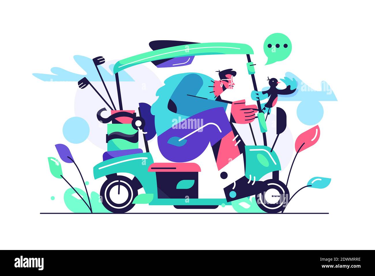 A guy with glasses and shorts rides a golf car Stock Vector