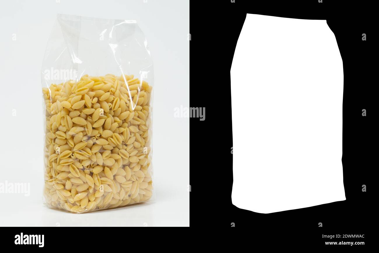 Transparent plastic pasta bag gnocchetti sardi on white background. With alpha channel Stock Photo