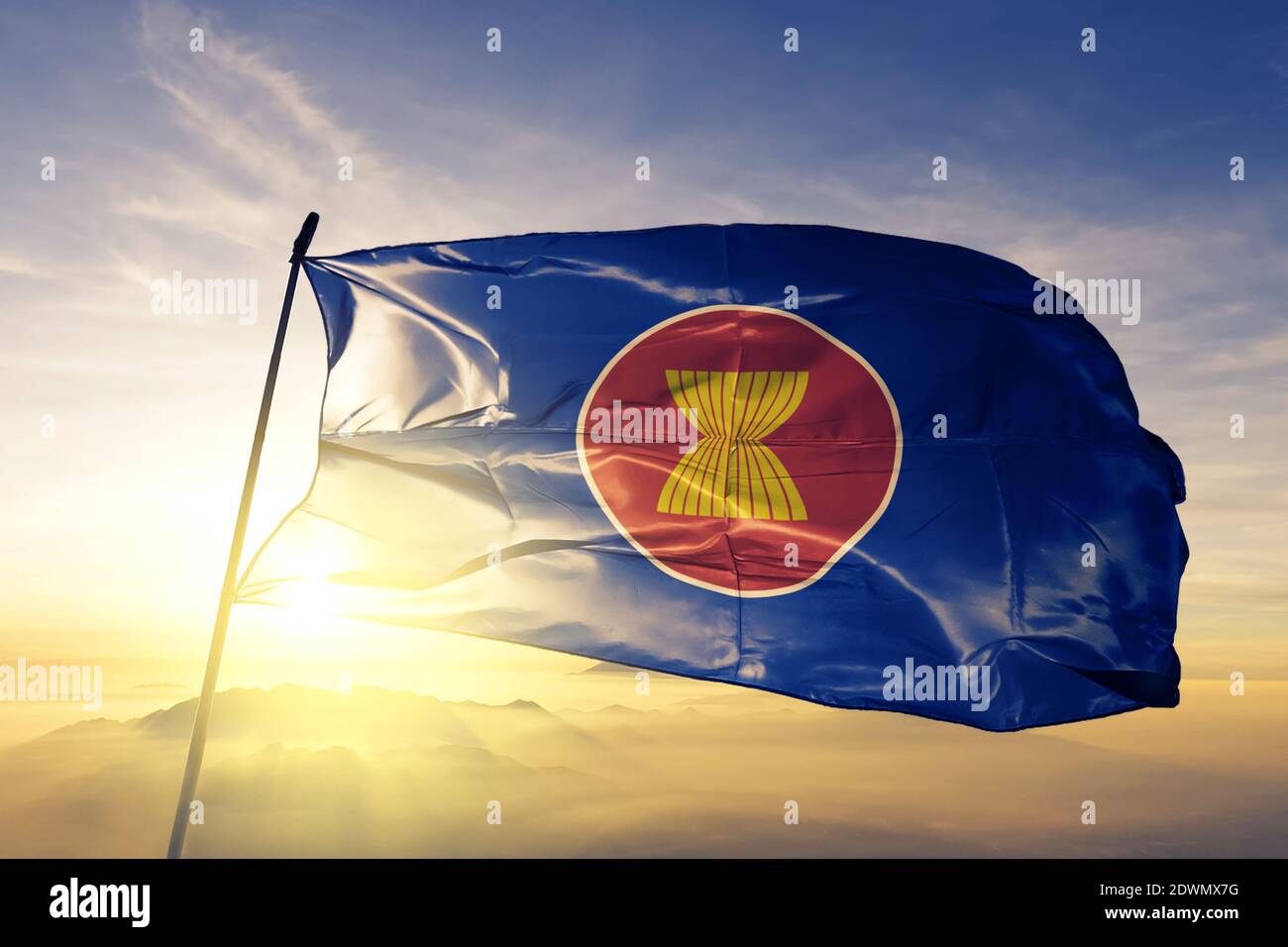 Association of Southeast Asian Nations ASEAN flag waving on the top Stock Photo