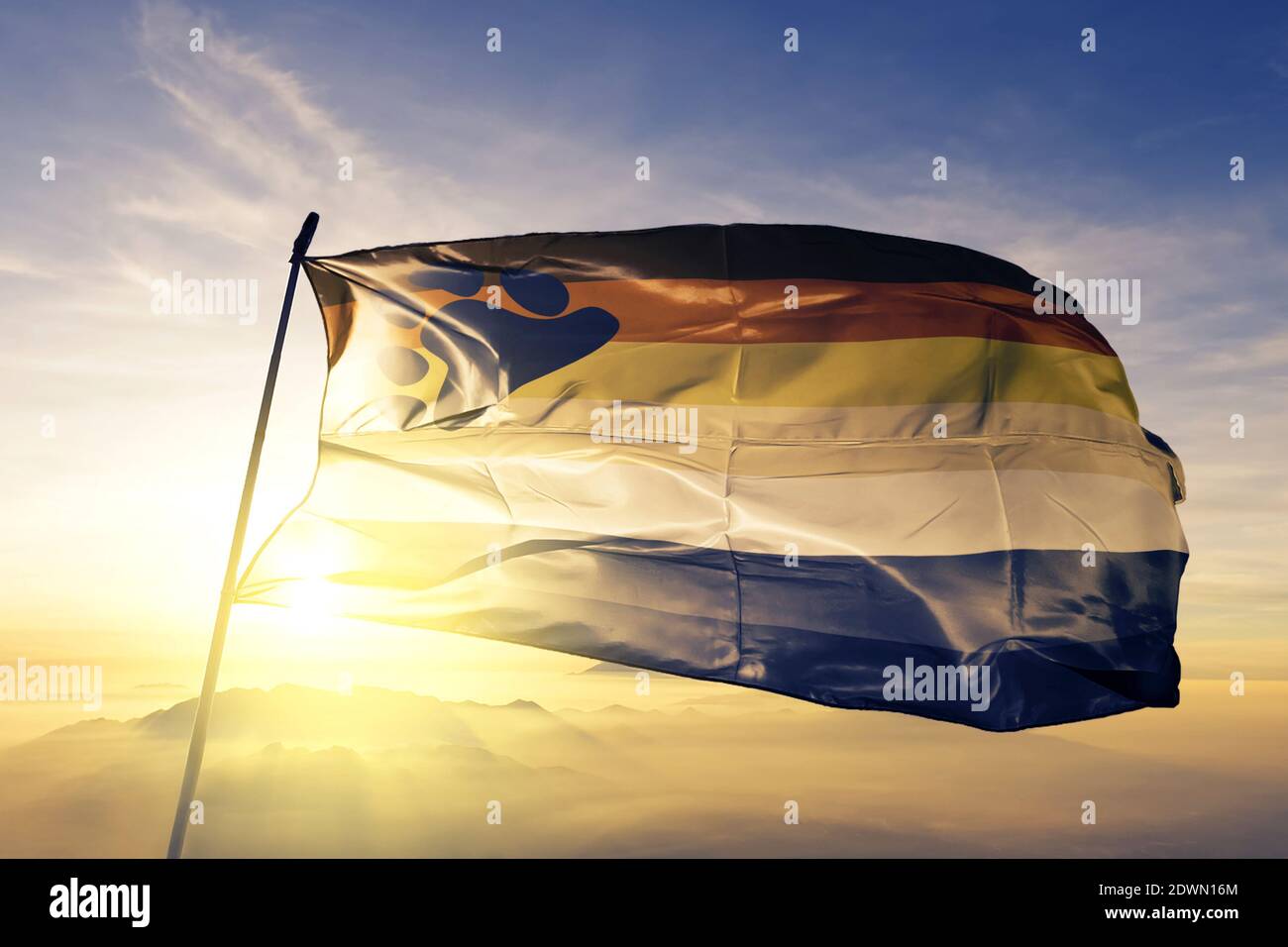 Bear gay culture flag waving on the top sunrise mist fog Stock Photo