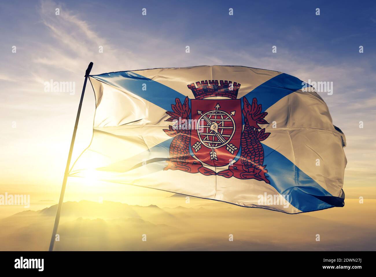 Rio De Janeiro City Of Brazil Flag Waving On The Top Sunrise Mist Fog Stock Photo Alamy
