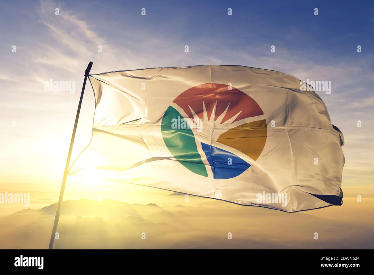 South Gyeongsang province of South Korea flag waving on the top sunrise mist fog Stock Photo