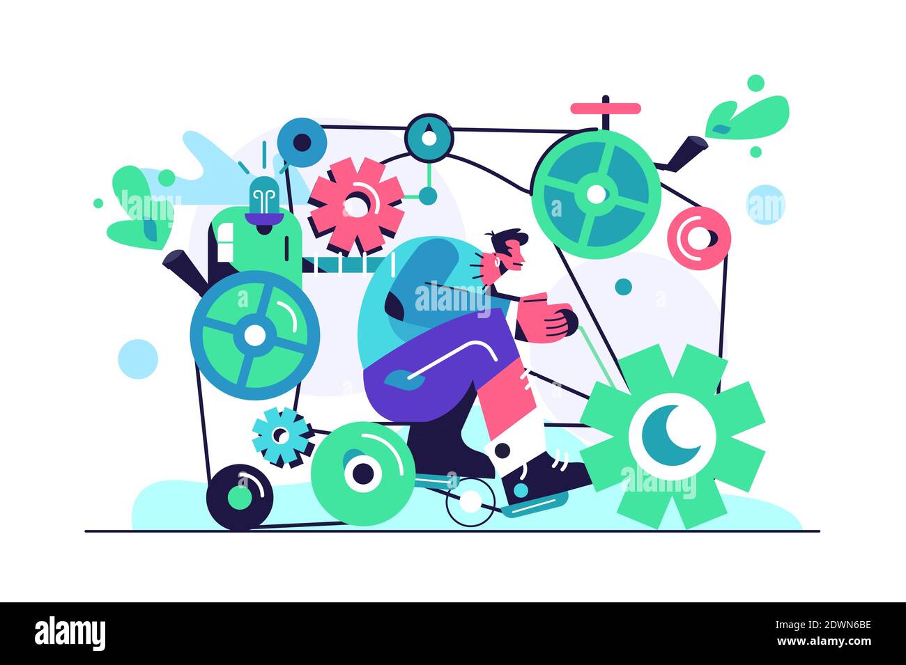 The guy rides a mechanism in the form of gears Stock Vector