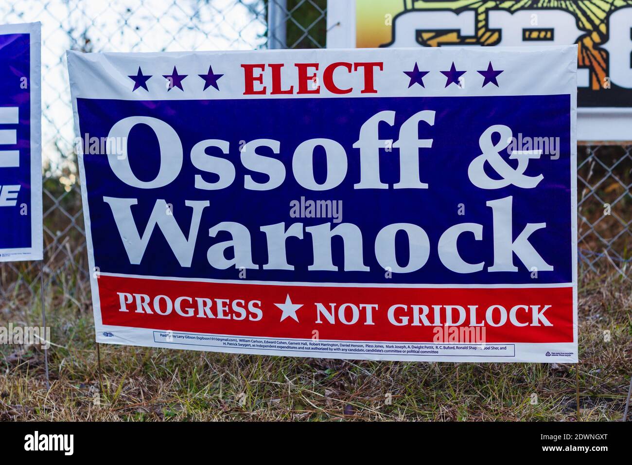 LAWRENCEVILLE, UNITED STATES - Dec 22, 2020: Lawrenceville, Georgia | United States - December 22 2020: Georgia Senate runoff election signs along the Stock Photo